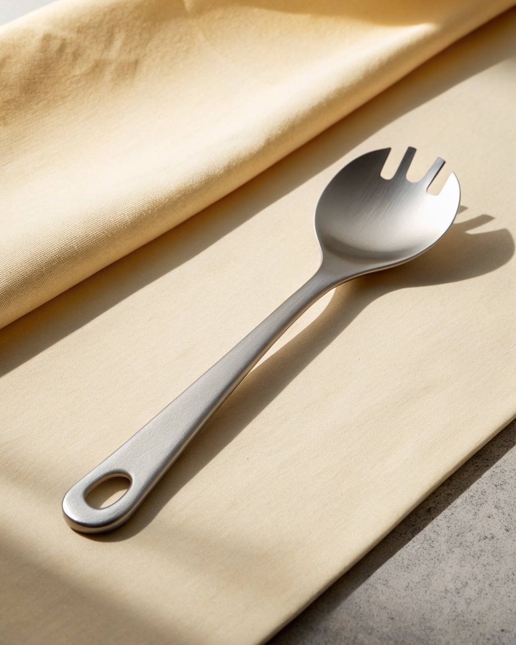 Long matte grey titanium spork with a spoon bowl at one end and a four-tine fork at the other, on a wooden table