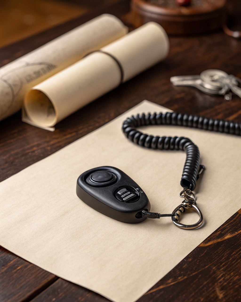 Black box-style dog training clicker with a raised button and a stretch wrist coil photographed on a white background