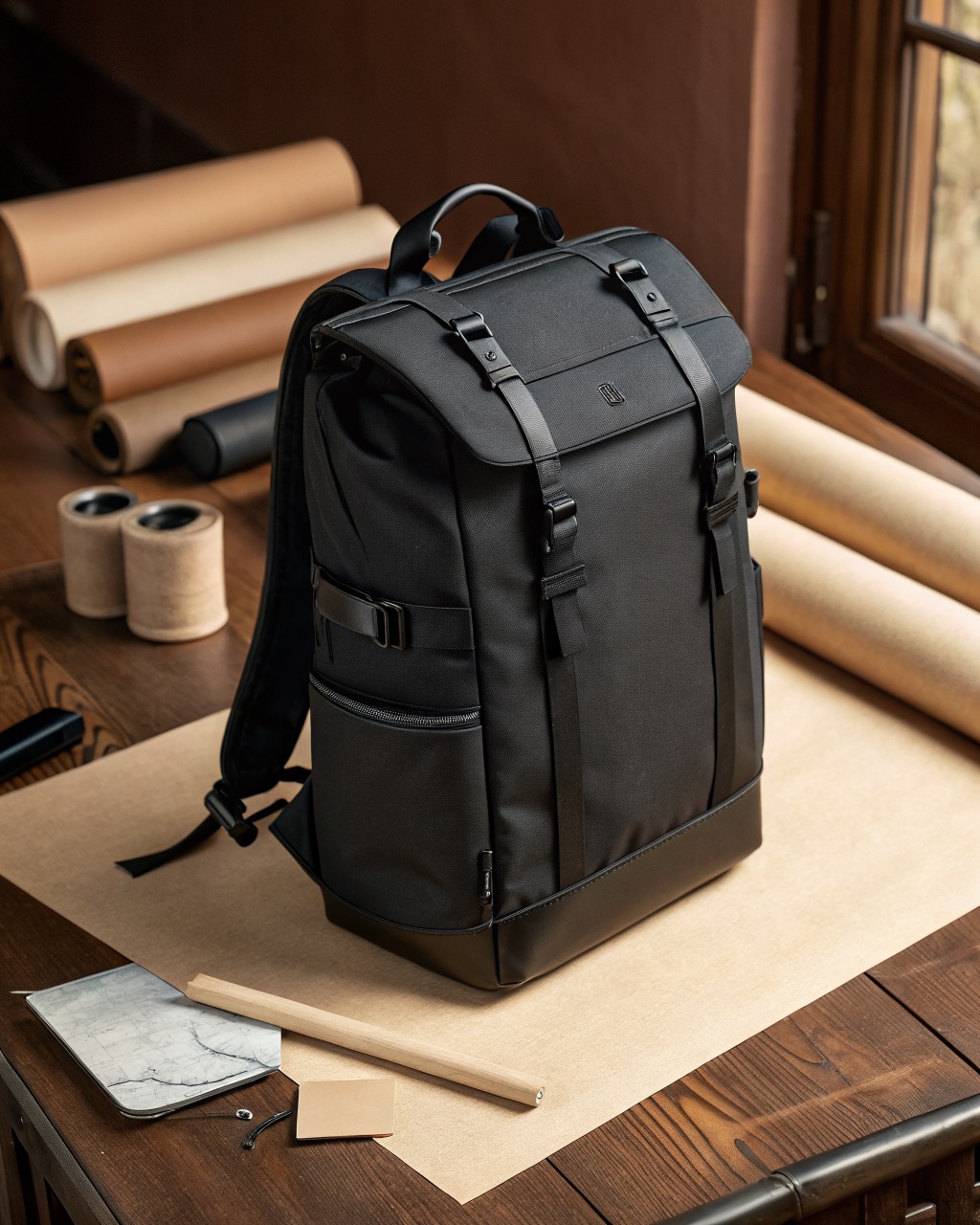 Black recycled polyester clamshell travel backpack shown upright from the front with padded shoulder straps and a top grab handle