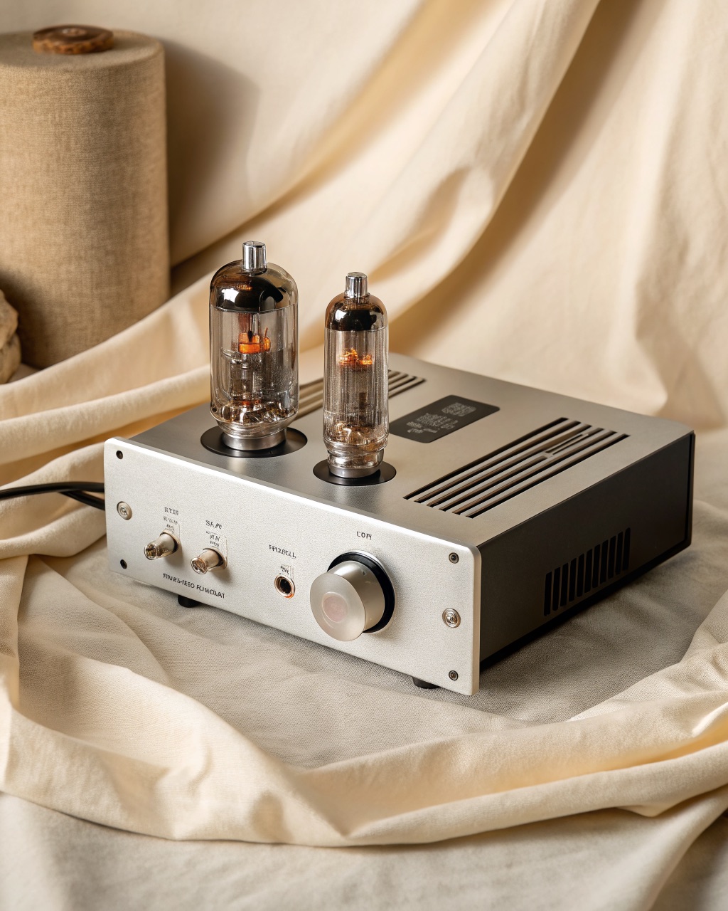Brushed aluminum desktop headphone amplifier with a single glowing vacuum tube visible through a vented top panel and a large front volume knob