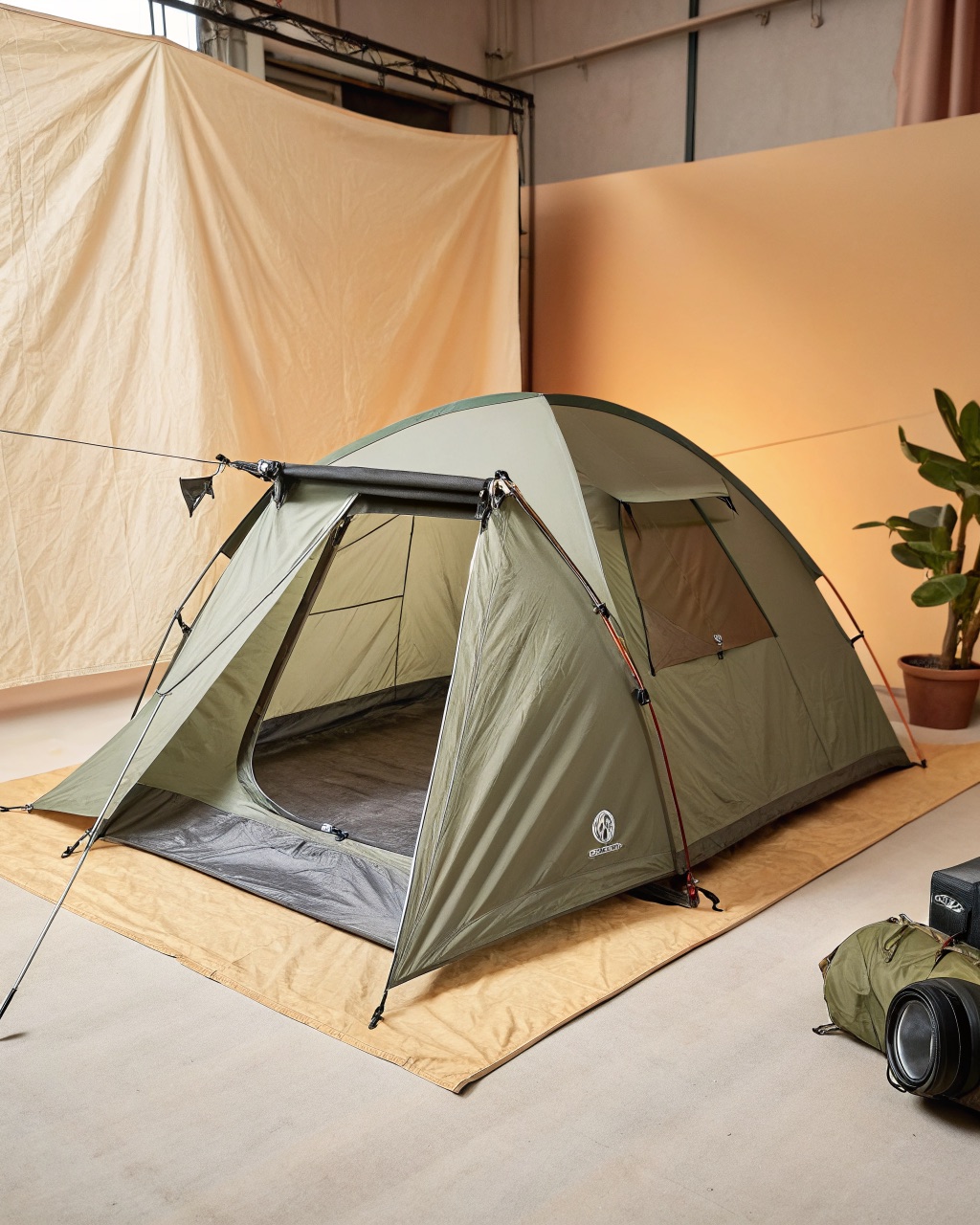 Green freestanding dome tent pitched on grass with the rainfly off one vestibule, showing two doors and an aluminum pole frame