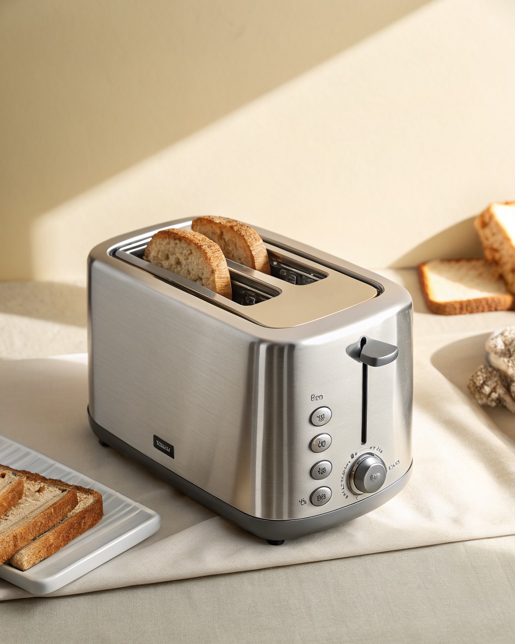 Brushed stainless steel two-slice toaster with a browning dial and mode buttons on the front, on a white background
