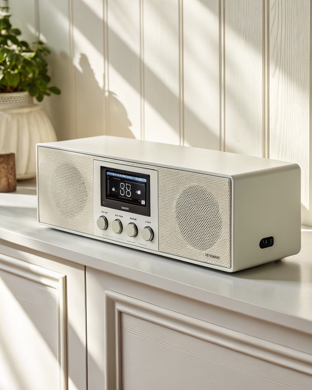 Slim white kitchen radio mounted to the underside of a wall cabinet, with a splash-resistant control panel and a small display