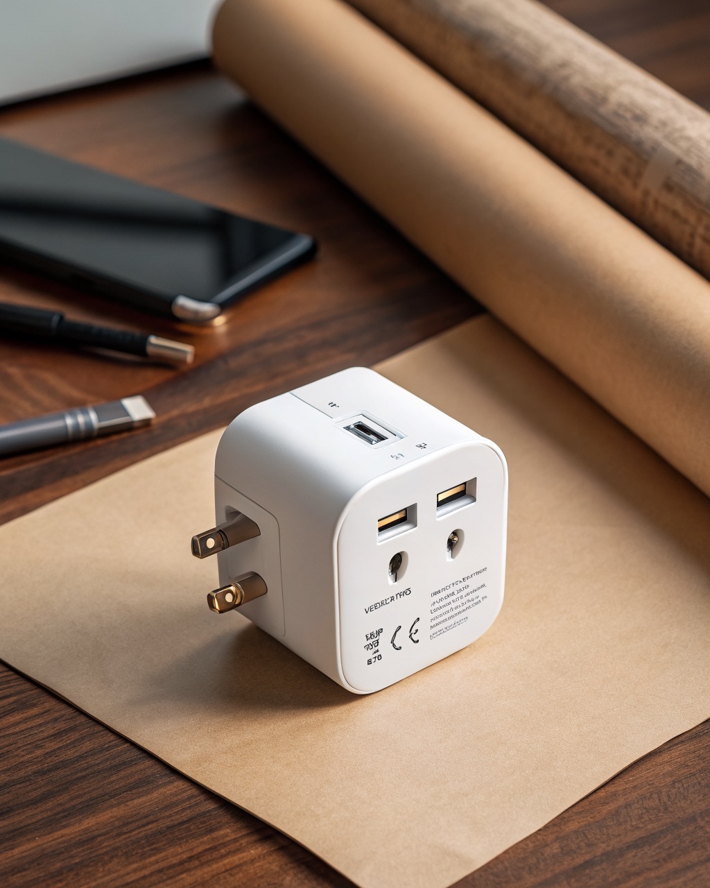 White universal travel power adapter shown at a three-quarter angle with one plug type extended and two USB-C ports visible on the front