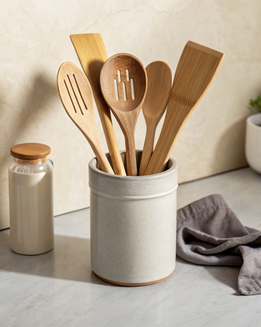 Five light beechwood cooking utensils standing in a slate-glazed stoneware crock on a kitchen counter