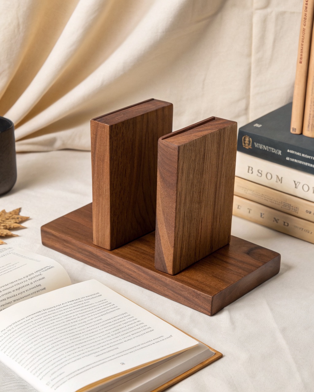 Pair of L-shaped solid walnut bookends with thin feet holding a row of hardcover books upright