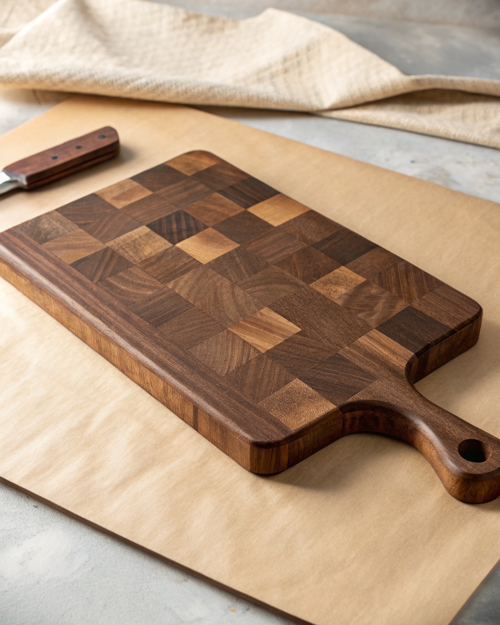 Thick end-grain walnut cutting board with a checkerboard grain pattern and routed side handles, dark brown tones