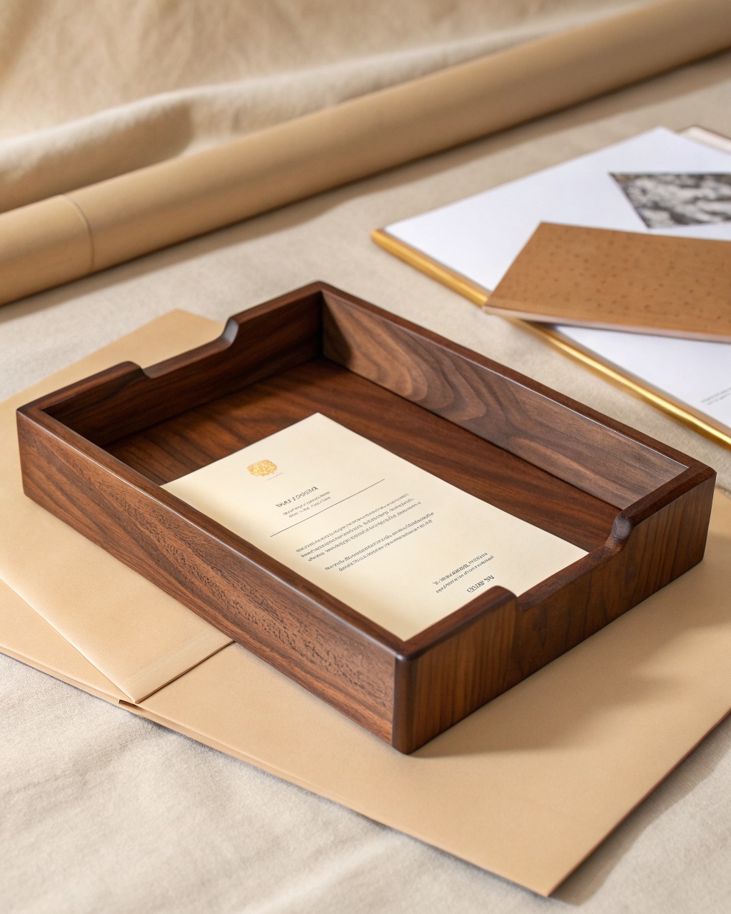 Open-front solid walnut letter tray holding a stack of paper, dark chocolate grain with an oiled sheen