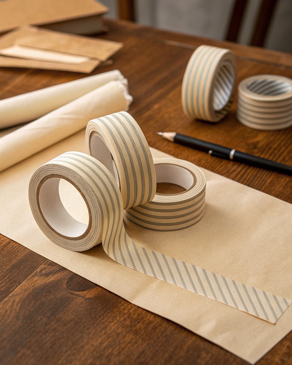 Eight rolls of muted solid and thin-striped washi paper tape arranged in a loose pile, one strip torn and lifting at an edge