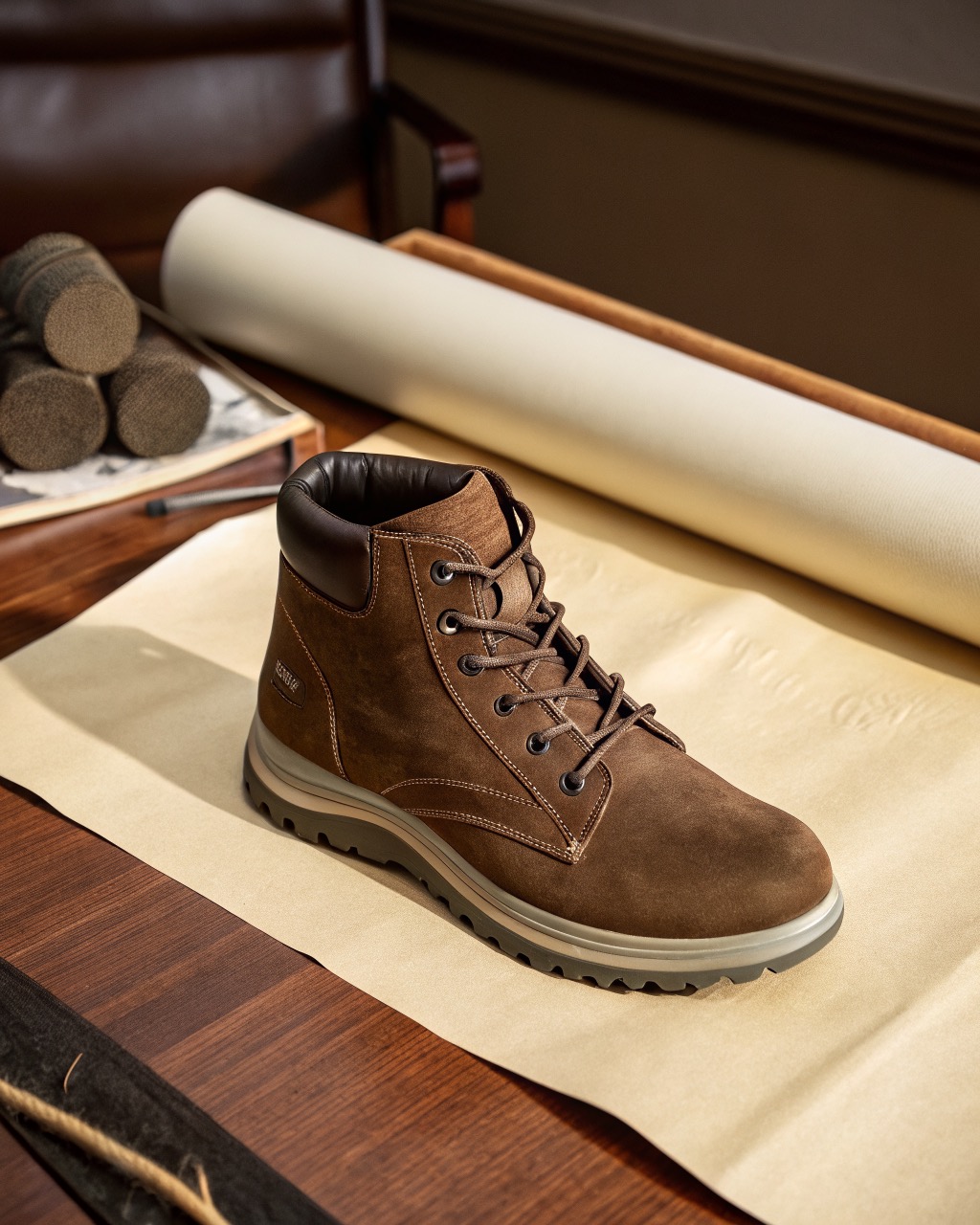 single brown nubuck mid waterproof hiking boot in three-quarter view on a plain pale backdrop, deep lugged rubber outsole and padded ankle collar