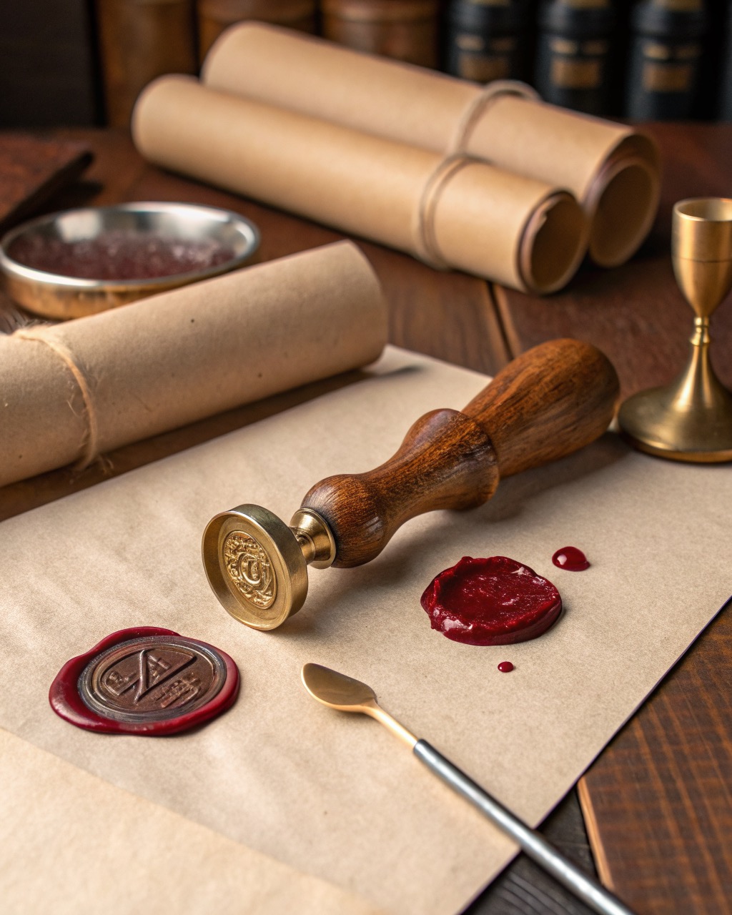 Brass wax seal stamp with turned wood handle resting beside a brass melting spoon and several sticks of deep red sealing wax