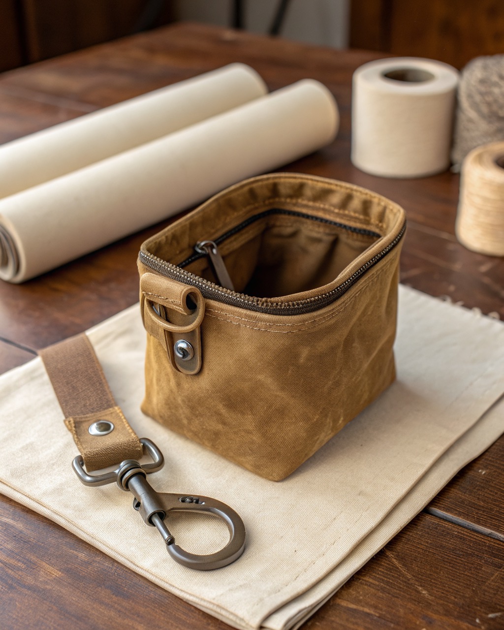 Field tan waxed canvas dog-training treat pouch with its magnetic hinge mouth open and a belt clip on the back, on a white surface