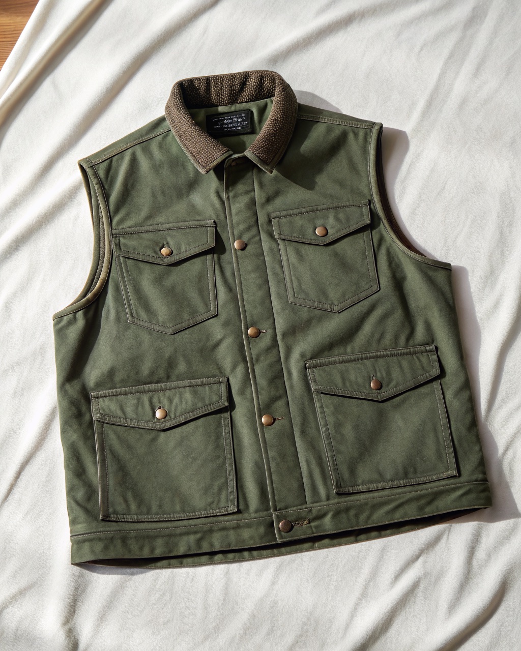 Olive waxed cotton trucker vest laid flat with a corduroy collar, button front, and four pockets
