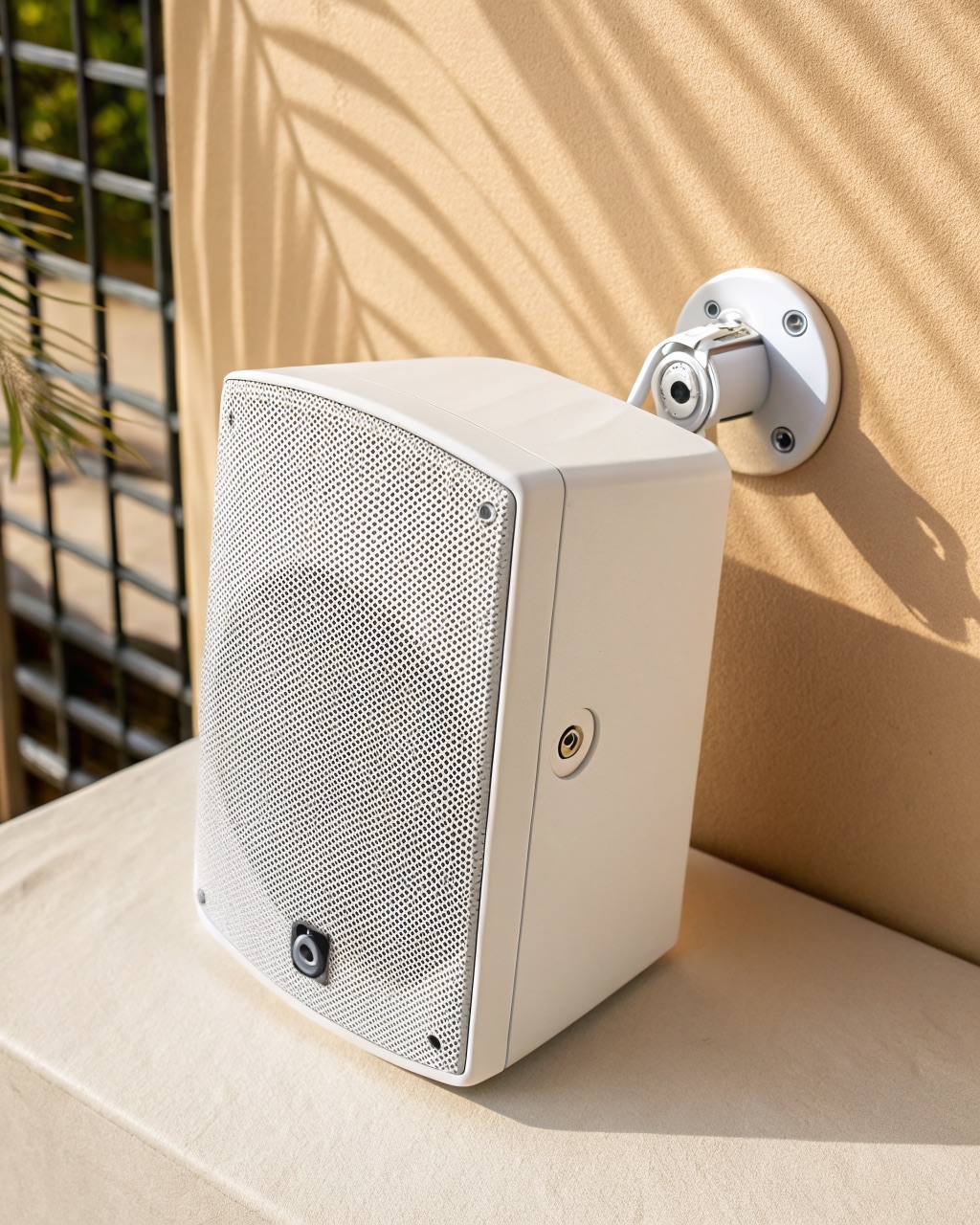White ABS outdoor speaker with a powder-coated steel grille mounted on a swivel bracket against a wall