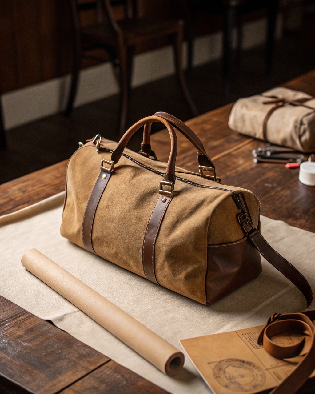 Field tan waxed canvas weekender duffel with leather end caps and a shoulder strap, photographed from the side on a plain surface