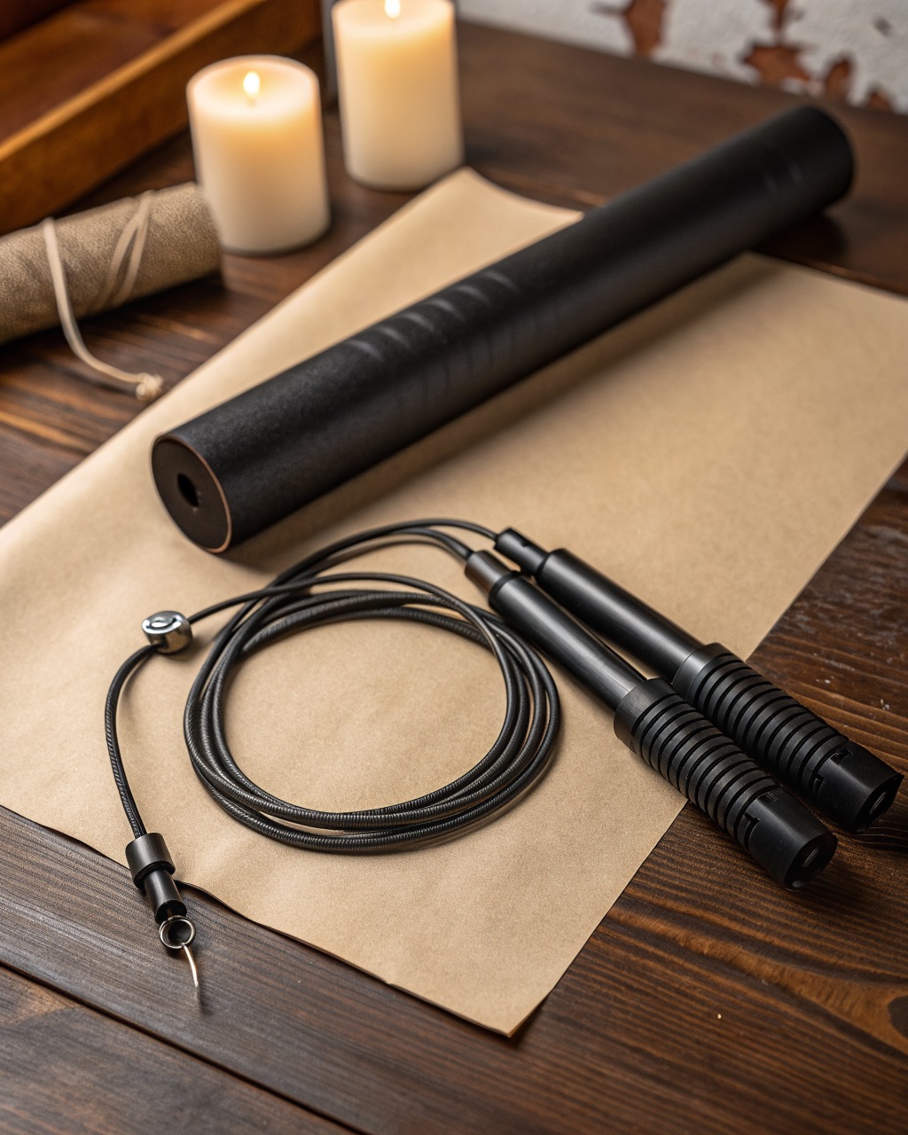 Black aluminum jump rope handles with coiled steel cable laid flat on a light surface, weights screwed into the ends