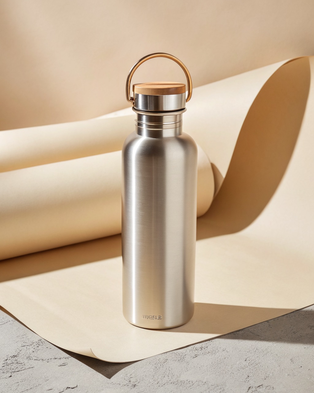 Brushed stainless steel single-wall water bottle with a wide mouth and a stainless cap with a tan paracord loop
