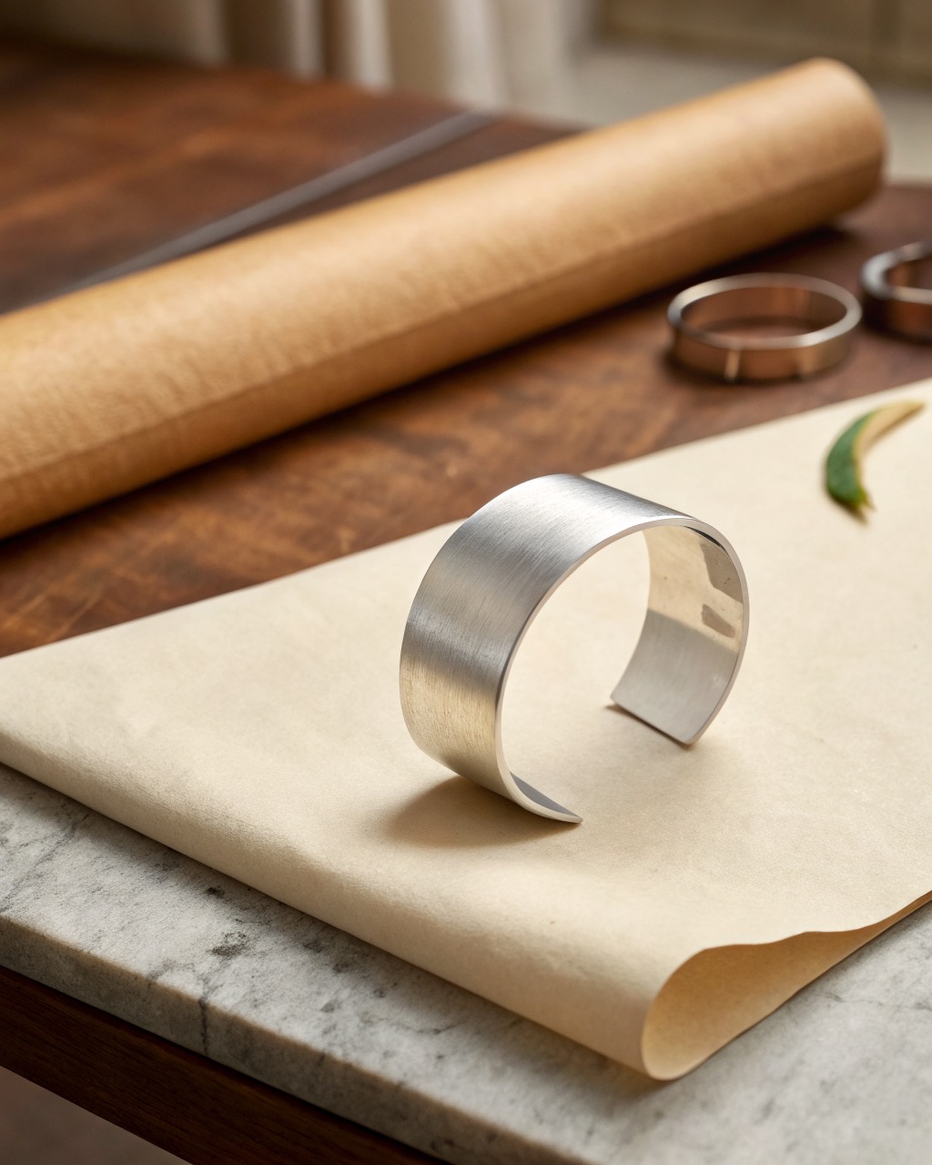 wide brushed sterling silver cuff bracelet with an open back resting on a pale stone surface, matte grain catching soft light