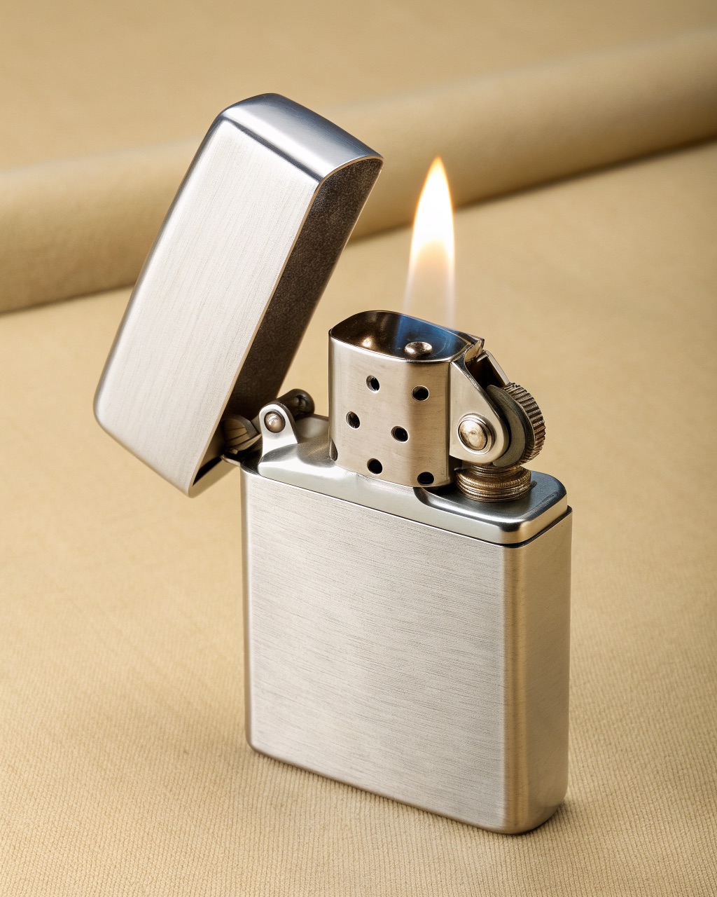 Brushed silver metal flip-lid jet lighter with the hinged lid open and a narrow blue jet flame, fuel window on the side