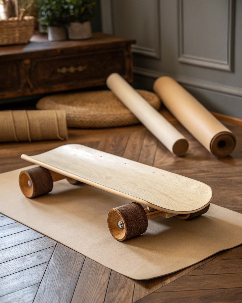 Birch plywood balance board resting on its cylindrical wooden roller on a wood floor, shown at a three-quarter angle