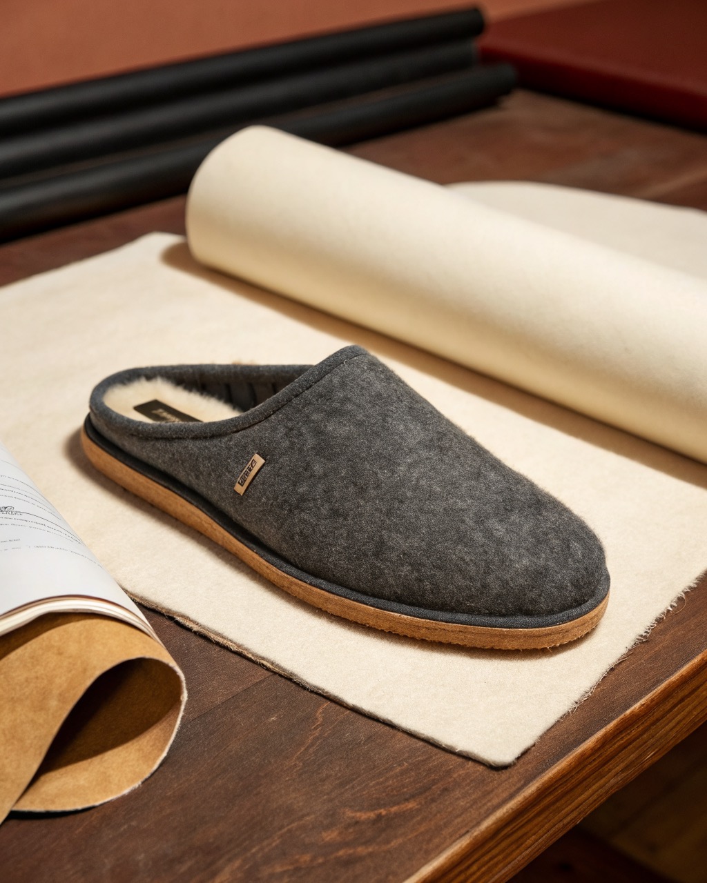 single charcoal boiled wool felt house slipper in three-quarter view on a plain pale backdrop, soft felt collar and tan suede sole