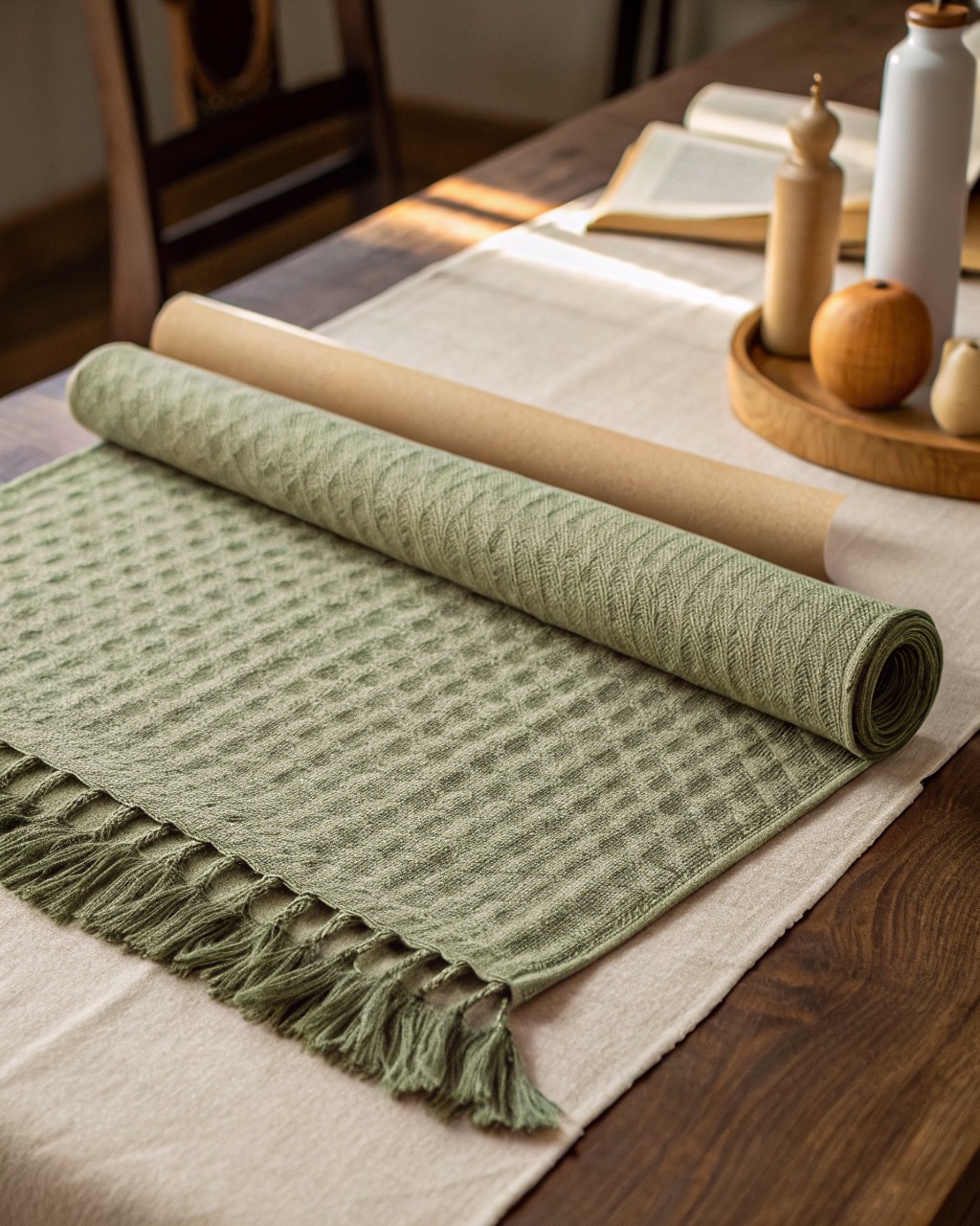 Sage cotton table runner in a textured basketweave with short fringed ends, laid flat and partly folded on a white background
