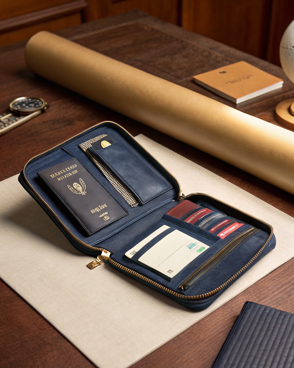 Navy coated-canvas zip-around travel wallet shown open and laid flat, revealing passport slots, card pockets, and a zip coin pouch